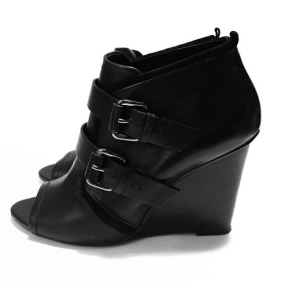 Derek Lam Zale boots open toe black leather wedge bootie - Picture 1 of 8